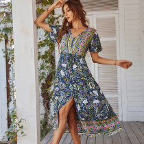 Bohemian Holiday Dress Summer Short Sleeve Sexy Dress