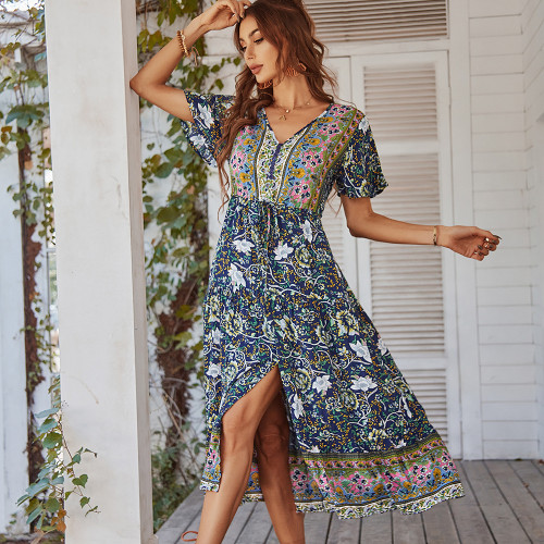 Bohemian Holiday Dress Summer Short Sleeve Sexy Dress