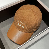 Lamb cashmere embroidered letter leather brim cap Baseball cap