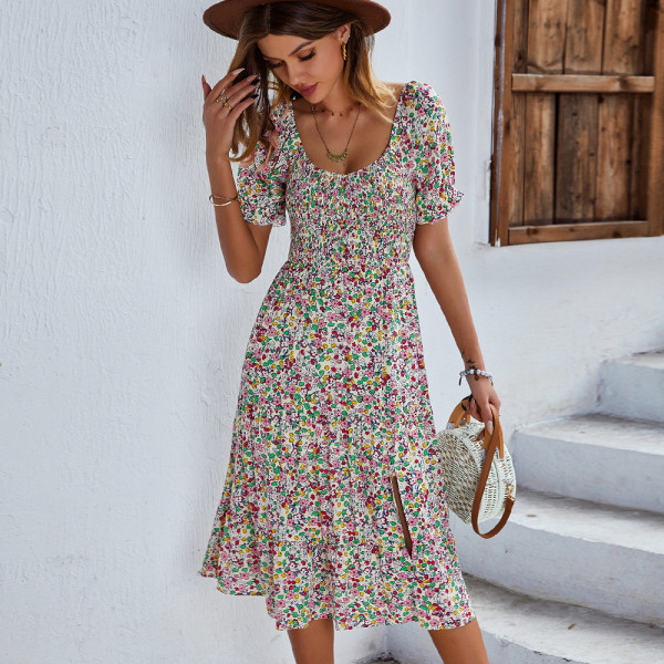 Bohemian printed dress with round neck and large swing skirt