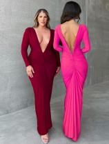 Sexy V-neck Slim Fit Pleated Solid Long Sleeve Dress Sexy V-neck Slim Fit Pleated Solid Long Sleeve Dress