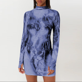 Printed Slim Fit Round Neck Long Sleeve Hip Wrap Dress