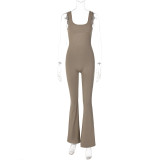 Solid Color Slim Fit Open Back Sleeveless Shoulder Strap Jumpsuit