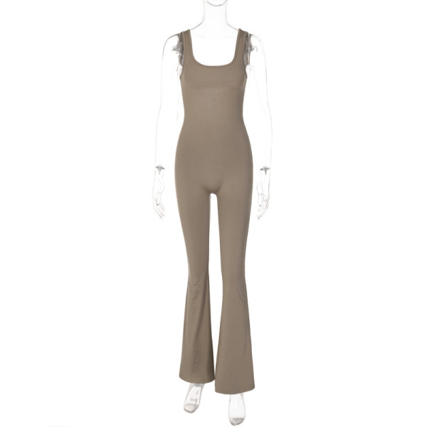 Solid Color Slim Fit Open Back Sleeveless Shoulder Strap Jumpsuit