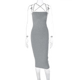 Sexy Backless Lace up Slim Fit Solid Tone Strap Dress
