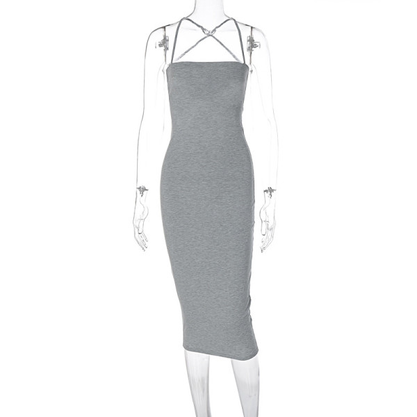 Sexy Backless Lace up Slim Fit Solid Tone Strap Dress