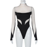 Mesh Splice Shaping Long Sleeve Bodysuit
