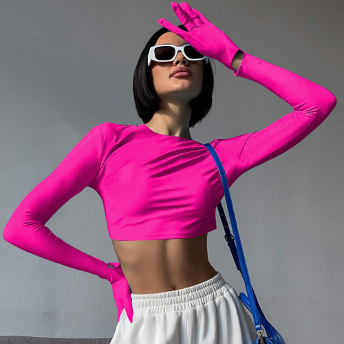 Solid Slim Fit Open Umbilical Round Neck Long Sleeve Glove T-shirt Top