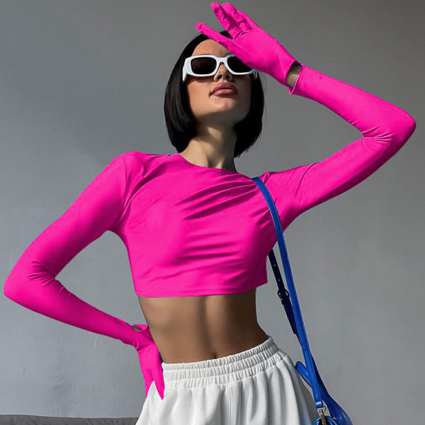 Solid Slim Fit Open Umbilical Round Neck Long Sleeve Glove T-shirt Top