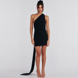 Sexy Off Back Pleated One Shoulder Solid Color Dress