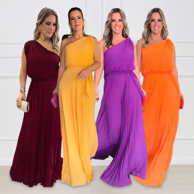 Collarless One Shoulder Evening Dress Chiffon Pleated Waist Dress