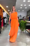 Collarless One Shoulder Evening Dress Chiffon Pleated Waist Dress