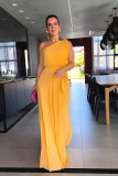 Collarless One Shoulder Evening Dress Chiffon Pleated Waist Dress