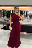 Collarless One Shoulder Evening Dress Chiffon Pleated Waist Dress