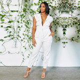 Elastic waist zipper casual pants jumpsuit