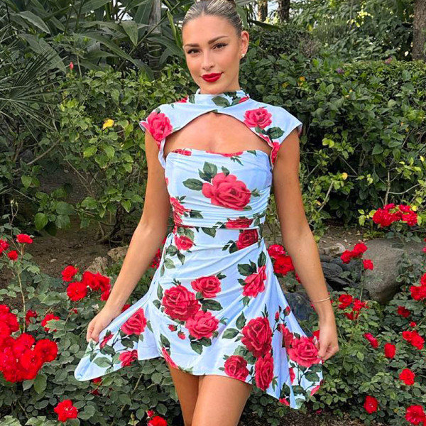High neck cheongsam style short skirt printed slim fitting dress