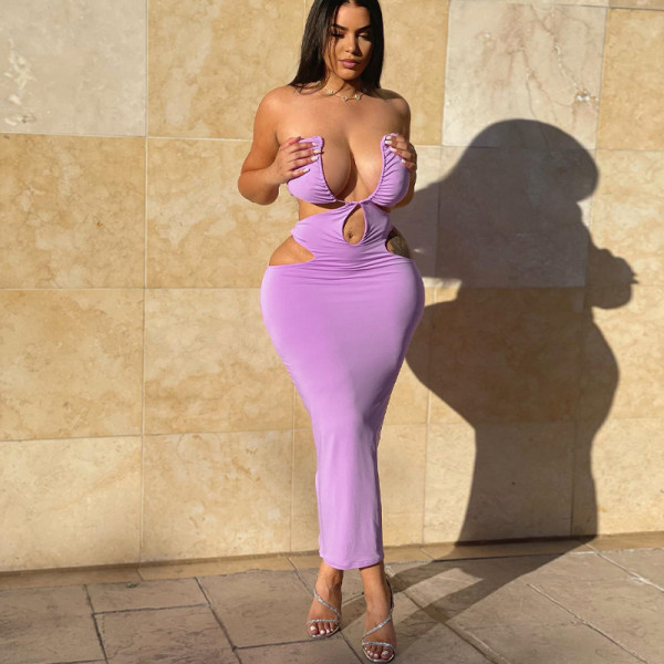 Sexy Hollow Chest Wrap Long Dress Solid Fit Dress