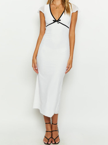 Low cut sexy V-neck short sleeved long skirt temperament wrap buttocks dress