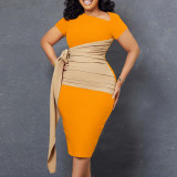 Short sleeved diagonal collar color matching pleated tie wrap buttocks dress