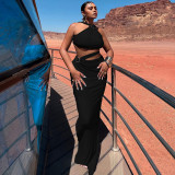 Solid color hollowed out pearl chain sexy backless fashionable buttocks up dress