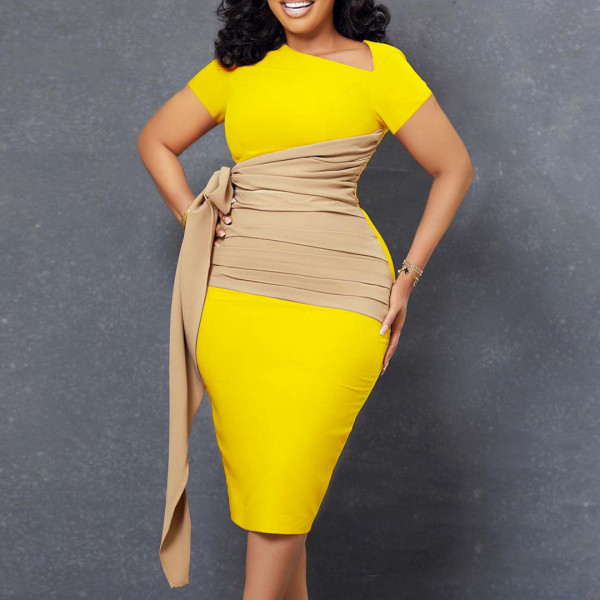 Short sleeved diagonal collar color matching pleated tie wrap buttocks dress
