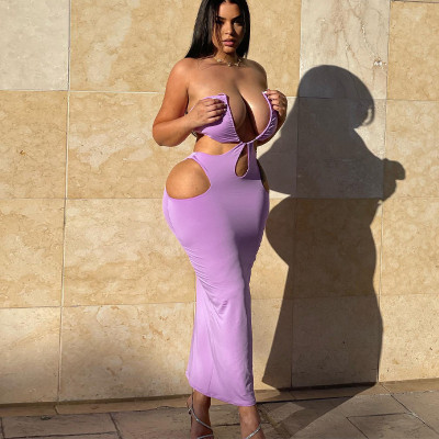 Sexy Hollow Chest Wrap Long Dress Solid Fit Dress