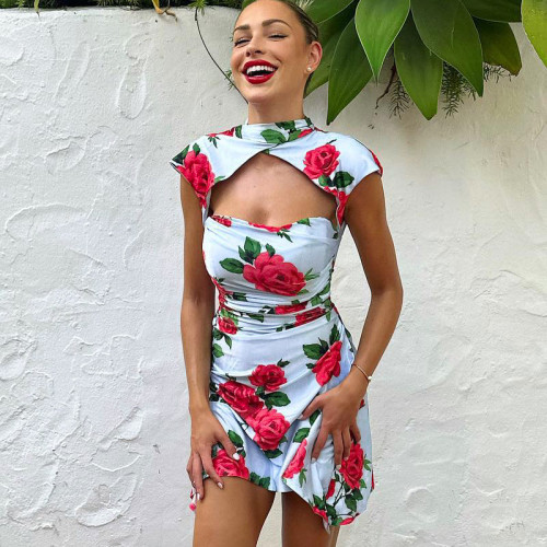 High neck cheongsam style short skirt printed slim fitting dress