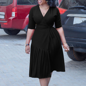 V-neck waistband fashionable pleated mid length skirt African dress
