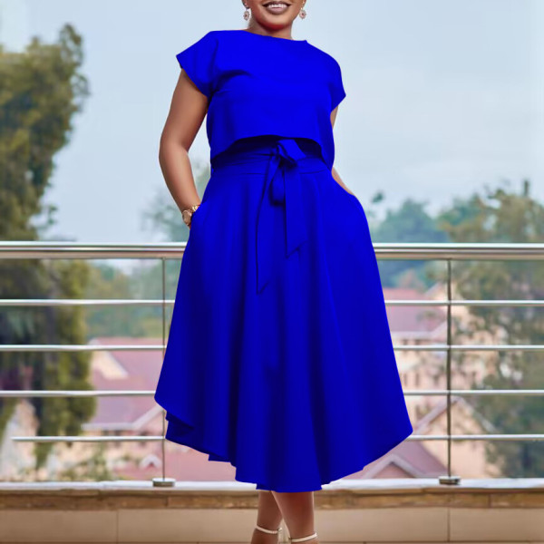 Solid color top large hem half skirt two-piece set
