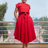 Solid color top large hem half skirt two-piece set
