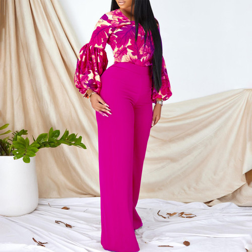 Two piece set of printed tie top wide leg pants
