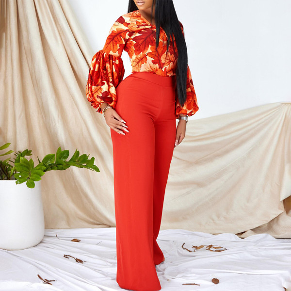 Two piece set of printed tie top wide leg pants