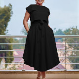 Solid color top large hem half skirt two-piece set