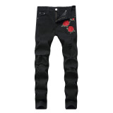 Embroidered Rose Denim Perforated Light Blue Pants Slim Fit Elastic Pants