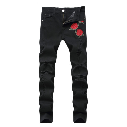 Embroidered Rose Denim Perforated Light Blue Pants Slim Fit Elastic Pants