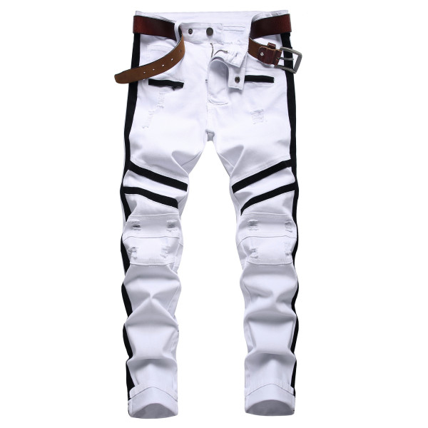 White zippered jeans with black edge decoration and patchwork slim fitting stretch holes for men's casual pants