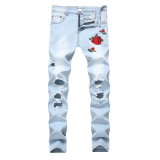 Embroidered Rose Denim Perforated Light Blue Pants Slim Fit Elastic Pants