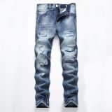 Perforated straight fitting bulletless jeans, tattered men's light denim pants