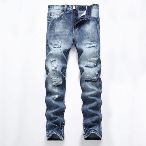 Perforated straight fitting bulletless jeans, tattered men's light denim pants