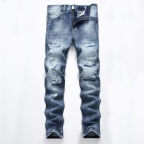 Perforated straight fitting bulletless jeans, tattered men's light denim pants Perforated straight fitting bulletless jeans, tattered men's light denim pants