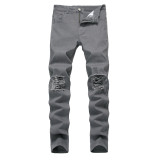 Destroyed men Jeans small leg stretch men's and women's jeans with torn holes