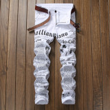 White printed jeans with letters in English printed elastic slim fitting casual men's pants
