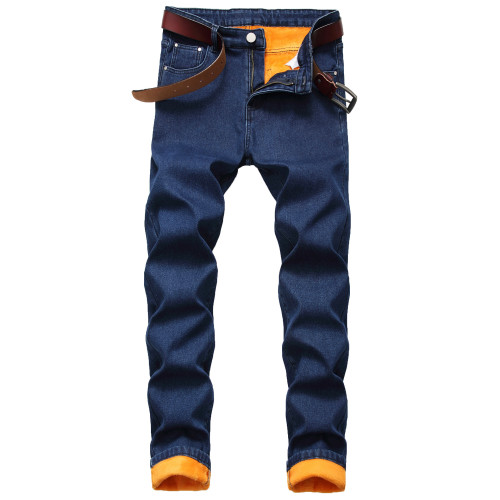Plush composite warm jeans with straight fitting and thickened men's denim pants