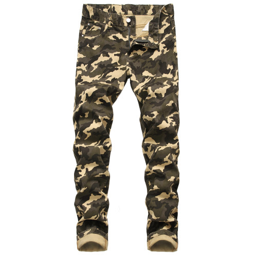 Camo Jeans Personalized Men's Slim Fit Elastic Army Green Printing Casual Pants