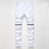 Red zipper decorated casual jeans, white multi zipper high stretch cotton pants