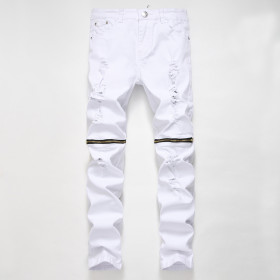 Red zipper decorated casual jeans, white multi zipper high stretch cotton pants