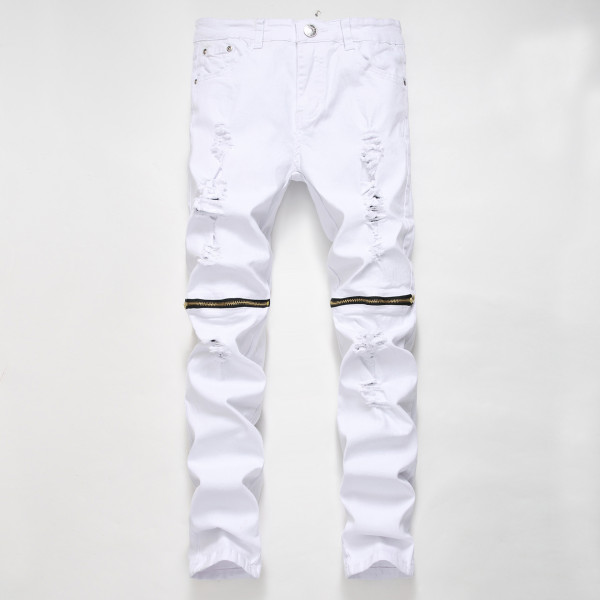 Red zipper decorated casual jeans, white multi zipper high stretch cotton pants