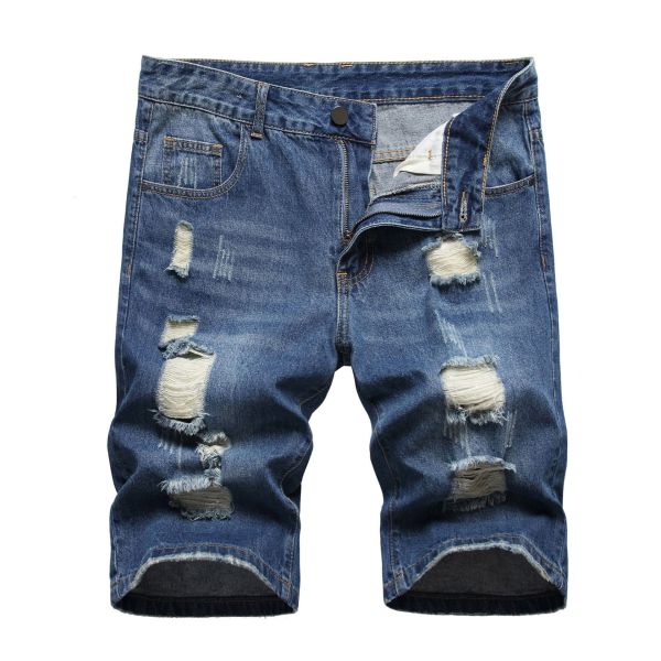 Perforated men's denim pants with many tattered jeans