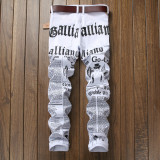 White printed jeans with letters in English printed elastic slim fitting casual men's pants