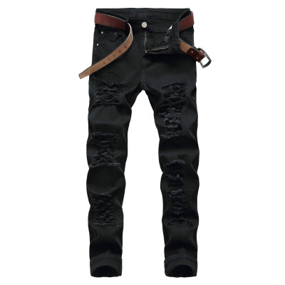 Casual large hole stretch pants, slim fitting denim, men's multi hole white pants